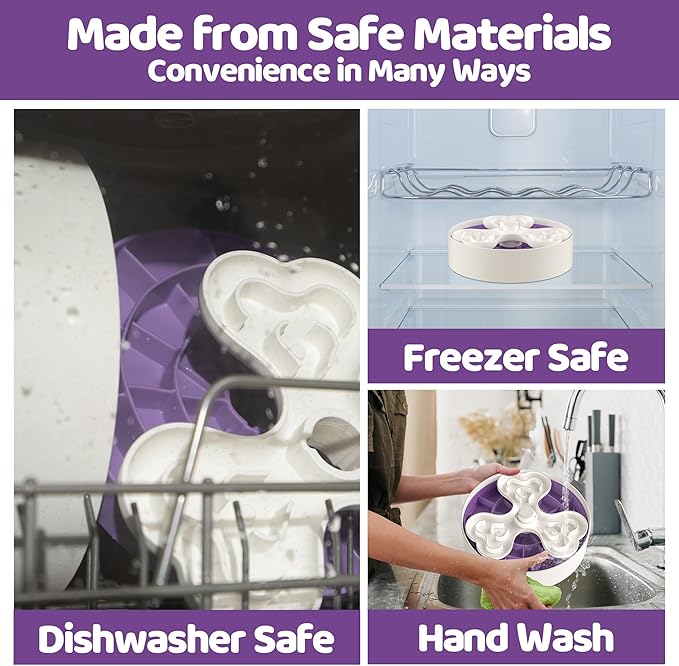 Puzzle Feeder Slow Feeder Bowls, Dishwasher Safe, Large Breed Dogs, 4 Modes, 3 Detachable Parts, Adjustable Speeds, Purple