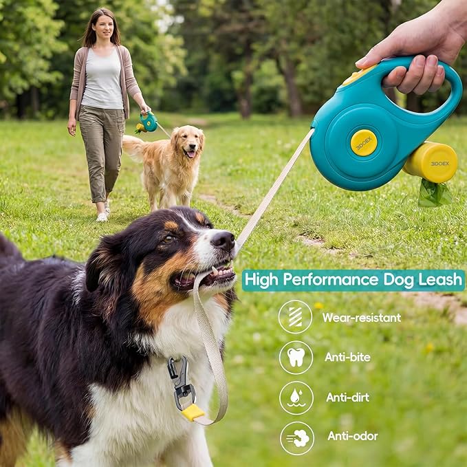 Retractable Dog Leash 10FT for Small & Medium Dogs, Sturdy Heavy-Duty Nylon Tape with Secure Locking Carabiner & Poop Bag Holder, Smooth One-Hand Control, Anti-Slip Handle, Tangle-Free Design (Green)