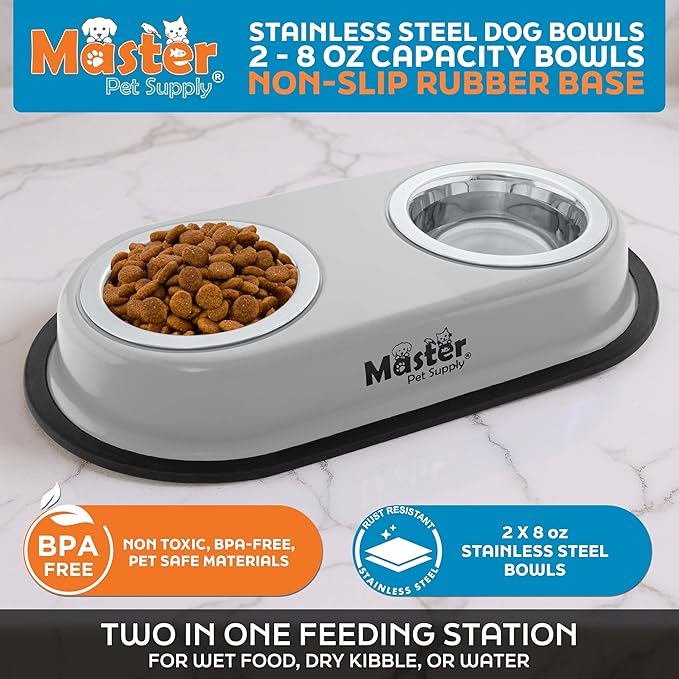Master Pet Supply Double Dog Bowls Set with Elevated Base and 2 (8 oz) Stainless Steel Removable Dishes (Light Gray) – Double Cat Food Water Bowl, Dog Puppy Food Bowl Set, Rust Resistant