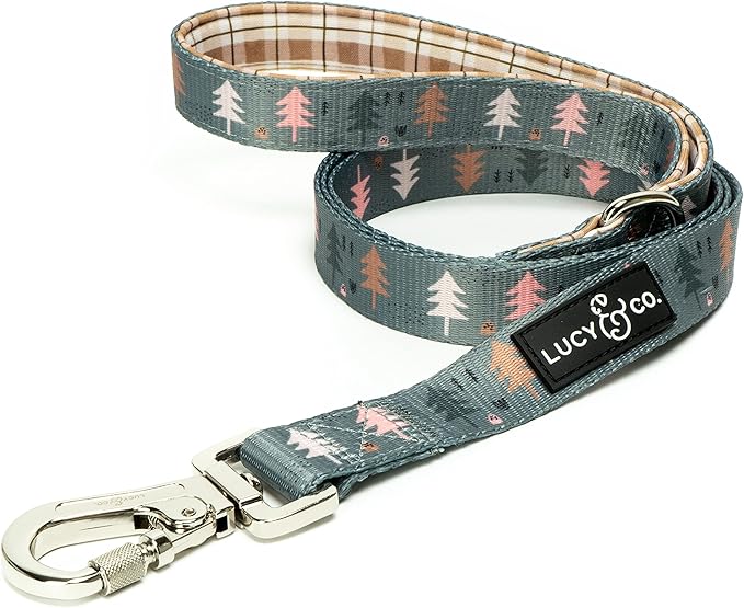 Lucy & Co. Designer Dog Leash - Pet Accessories - Thick Dog Leash - Padded Handle for Comfort - Purple with Green Floral - 5 Foot (Neutral Brown Plaid Blue Trees, Large)