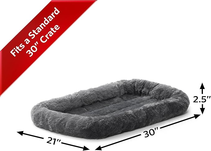 MidWest Homes for Pets Dog Bed â€“ Gray Faux Fur Bolster, Ultra-Soft and Machine Washable, Fits 30-Inch Crates and Carriers, for Medium-Sized Breeds