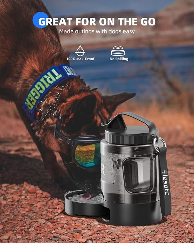 lesotc Dog Travel Water Bottle Portable with Pull-Out Drinking Bowl, 77oz Large Travel Water Bowl Dispenser for Dogs Camping Essentials Hiking Beach Road Trip Park Walking On The Go Must Haves, Black