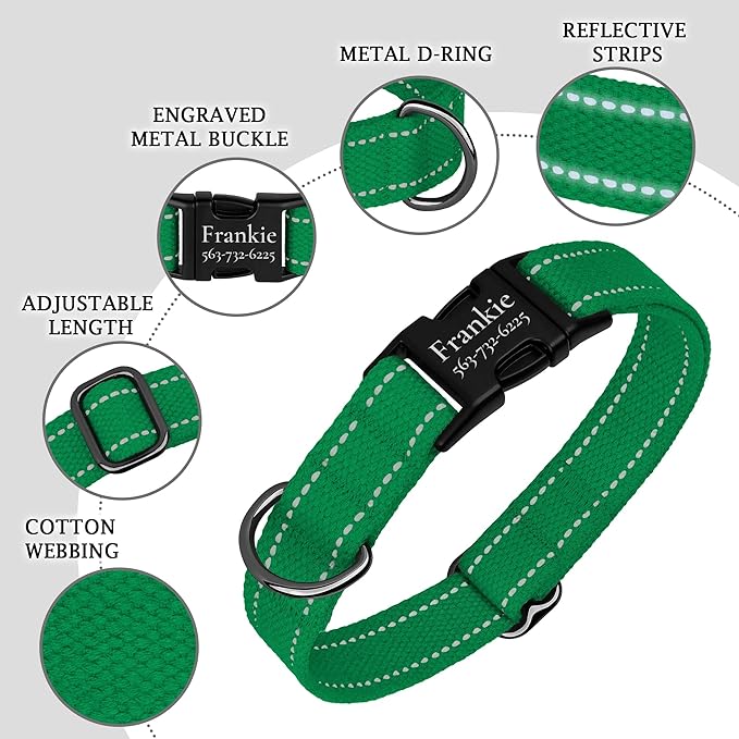 Personalized Dog Collar with Engraved Metal Buckle Reflective Cotton Custom Collar for Dogs Puppy with Name and Phone Number 8 Colors, 4 Sizes (Green, S, 9"-12")