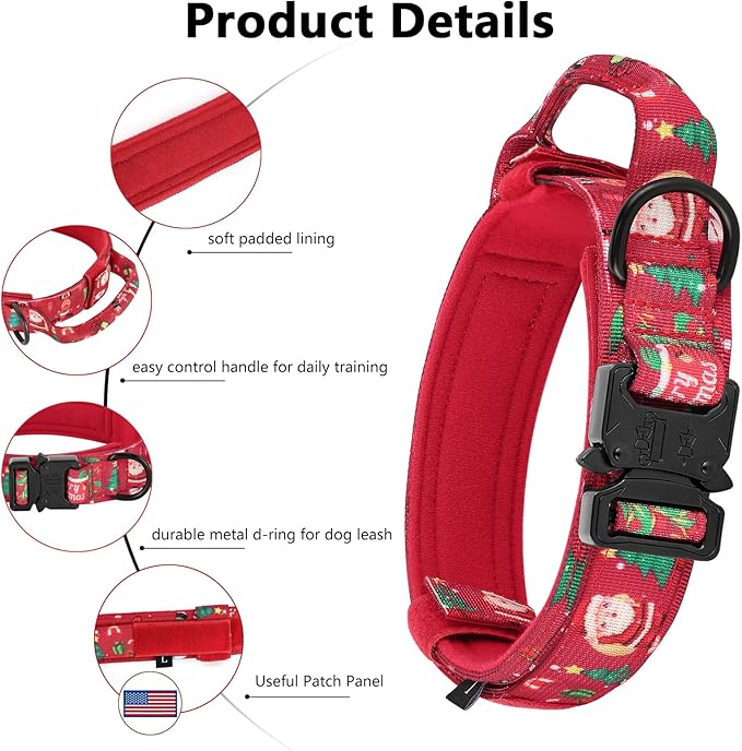 DAGANXI Tactical Dog Collar, Adjustable Military Training Nylon Dog Collar with Control Handle and Heavy Metal Buckle for Medium and Large Dogs, with Patches and Airtags Case (L, Christmas red-Set)