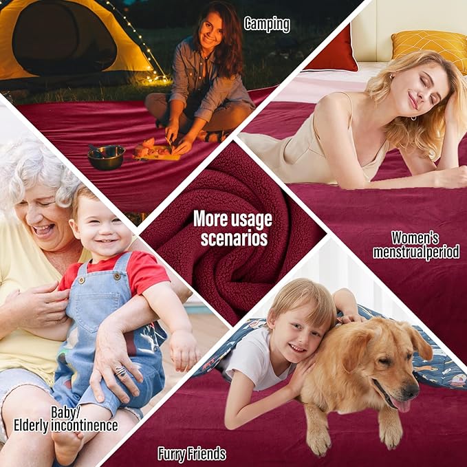 Waterproof Blanket for Bed, 80"x90" Leak-Proof Design, Reversible & Washable King Size Waterproof Blanket, Large Water Resistant Blankets, Reusable (Burgundy/Rose Pink)