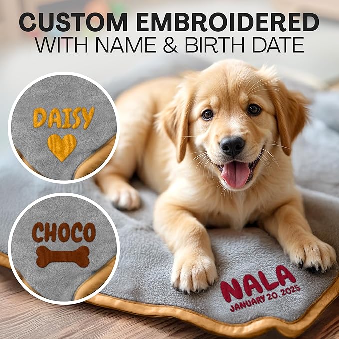 Personalized Puppy Blanket – Custom Embroidered Dog Blanket with Name & Birth Date – Soft New Puppy Gift – Keepsake for Dog Lovers, Pup Moms & New Pet Owners - Gray