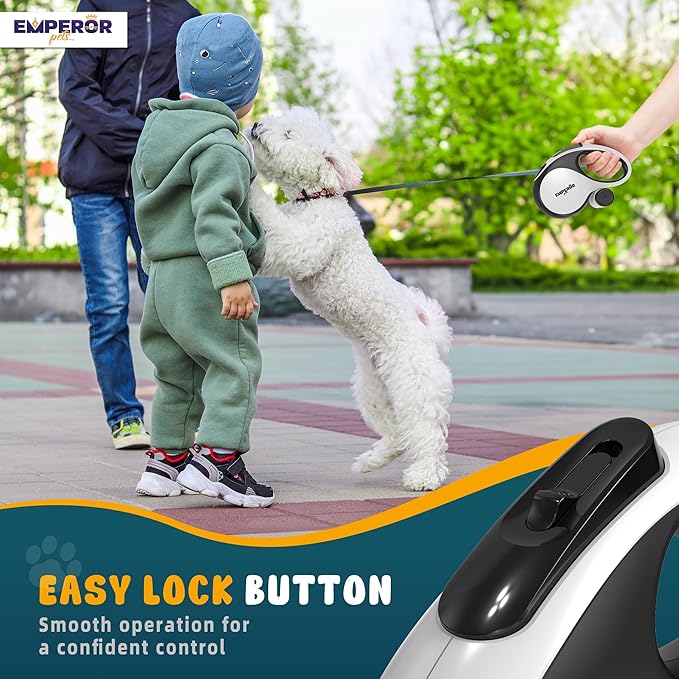 Emperor Pets 26 ft Retractable Dog Leash White - Heavy Duty Retractable Pet Leash with Anti-Slip Grip for Medium to Large Dogs up to 110 lbs -Aura BW26