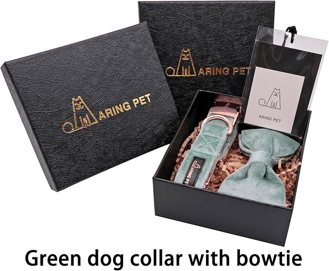 ARING PET Velvet Dog Collars with Bow tie, Dog Bowtie Collar, Adjustable Green Dog Collar,Medium.