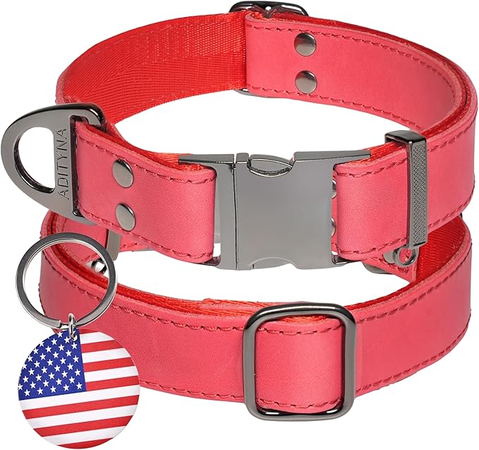 ADITYNA - Leather Dog Collar with Metal Buckle for Large, and Extra Large Dogs - Heavy-Duty, Adjustable, and Leather Tactical Dog Collar (Red, Fits 19-30" Necks)