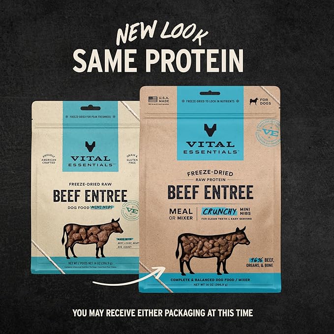 Vital Essentials Freeze Dried Dog Food, Raw Beef Crunchy Mini Nibs | Complete Meal or Mixer | High Protein, Low Carb, Grain Free, Dry Dog Food | 14 oz