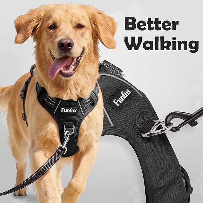 Funfox Dog Harness for Large Dog No Pull, Adjustable Pet Vest Harness, Vertical Handle Easy Control with 2 Leash Clips, Reflective Safe Night Walking for Small Medium Large Size, Black, L