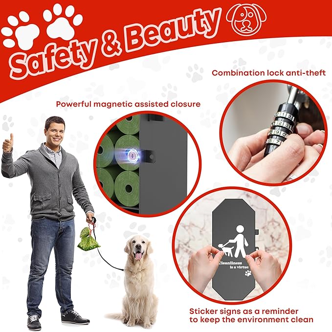 Dog Poop Bag Dispenser Wall Mount with 2Pcs Holders and 8 Rolls of Waste Bag, Metal, Corrosion-resistant, Combination Lock, Dark Gray, Suitable for Outdoor, Indoor, Raising Dogs