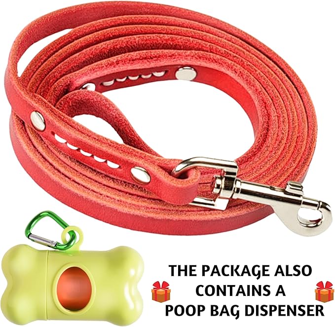 ADITYNA - Premium Leather Dog Leash - 6 ft, Heavy-Duty, Soft & Strong for Small/Medium Dogs (Small: 6 ft x 1/2", Red)