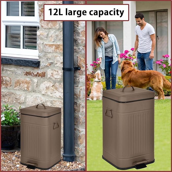Dog Poop Trash Can with Lid for Outdoors，3.2 Gallon Trash Can with Activated Carbon Filter & Plastic Bags, Pet Waste Container，UP12L-Brown-F+90BK
