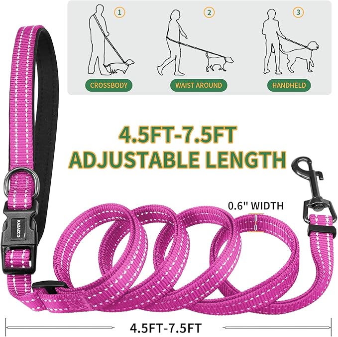 Kazazoo Hands-Free Christmas Dog Leash with Poop Bag Holder, Adjustable 4-7 Ft Waist for Dog Walking, Running for Small & Medium Dogs with Reflective Strips, Nylon Waist Belt, Hotpink