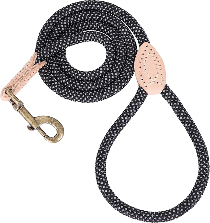 Mile High Life Dog Rope Leash 4 FT with Genuine Leather Tip, Reflective Rope Leash for Medium Large Dogs (Black, 72 Inch)