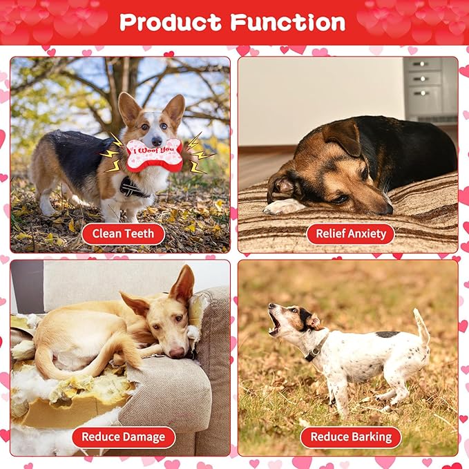 YUEPET Squeaky Valentine's Day Pet Toys 3 Piece Set,Interactive Rose Puzzle Toys, Soft Plush Heart-Shaped Rope Bone Dog Toy with Squeaker Crinkle Paper Puppy Chew Toys for Small Medium Dogs Teething