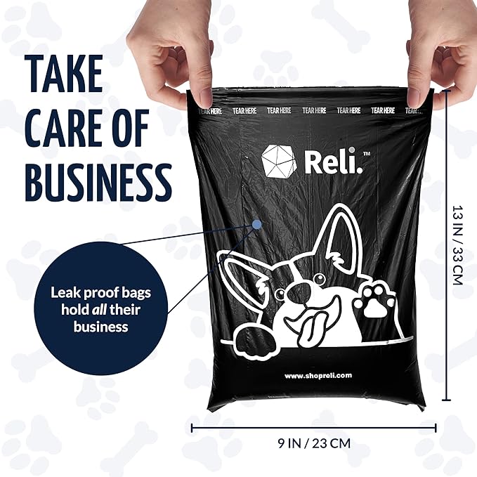 Reli. Dog Poop Bags (400 Bags - Large Single Roll) | Dispenser Box | 9x13" Large Doggie Poo Sack | Use for Yard Pickup | Bulk Single Roll | Unscented, Leak Proof (Black)