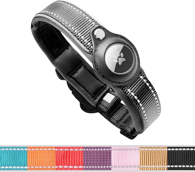 BelleBête & Co. AirTag Dog Collar – Pet Tracking Collar with Patented Anti-Loss Design, Durable and Reinforced Nylon, All-Day Comfort, Stylish Color for Medium and Large Dogs (Black, S: 11.8"-14.6")