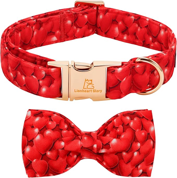 Lionheart glory Dog Bow Collar - Valentine's Day Dog Collar with Bowtie Red Hearts Print Collars Soft Adjustable for Small Dogs Puppy Male Female Dogs Spring Cute Collars