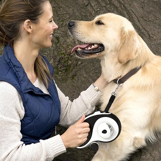 26Ft Retractable Dog Leash - for Dog Up to 110lbs, Tangle Free Walking Leash with Chew Proof Cable | LED Light | Dispenser | Poop Bags, Quick Lock Braking & Non-Slip Handle (White)
