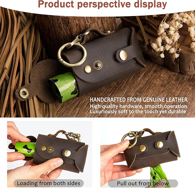 Handmade Leather Dog Poop Bag Dispenser - Stylish and Durable with Belt Attachment for Dog Walkers, Featuring a Brass Metal Clip in Coffee