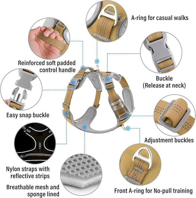 Plutus Pet No Pull Dog Harness, Release at Neck, Reflective Adjustable Dog Vest Harness, Easy Control Handle for Walking, for Small Medium Large Dogs, Khaki, S