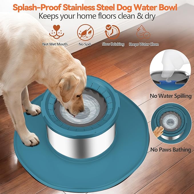 Decflow 12L No Spill Dog Water Bowl for Large Dogs, Stainless Steel Spill Proof Bowls with Suction Cup Anti-Skid Mat, Slow Feeder for Messy Drinkers, Heavy Duty Pet Bowls for Indoor/Outdoor Blue