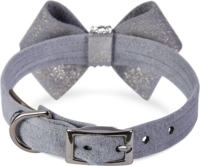 Susan Lanci Designs Ultrasuede Premium Dog Collar with Nouveau Bow, Platinum Glitzerati, Small