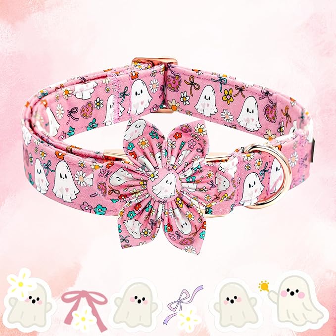Elegant little tail Halloween Dog Collar, Pink Ghosts Print Dog Collar with Flower Puppy Collar Flower Female Cotton Adjustable Collars for Small Medium Large Dogs