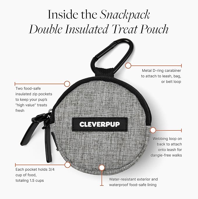 Cleverpup Snackpack Double Insulated Dog Treat Pouch – 1.5 Cup Capacity, 2 BPA-Free Waterproof Zipper Pockets, Carabiner for Belt/Leash – Compact Training & Travel Bag – Heather Grey