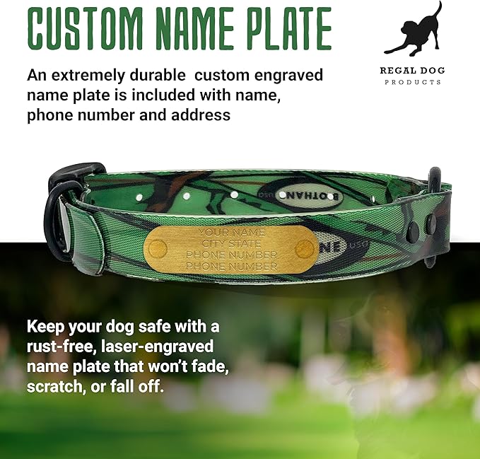 Regal Dog Products Green Camo Hunting Dog Collar with Custom Engraved Name Plate and Heavy Duty Black Hardware Center Ring | Waterproof Personalized Dog Collars | Other Sizes for Small, Medium & Large