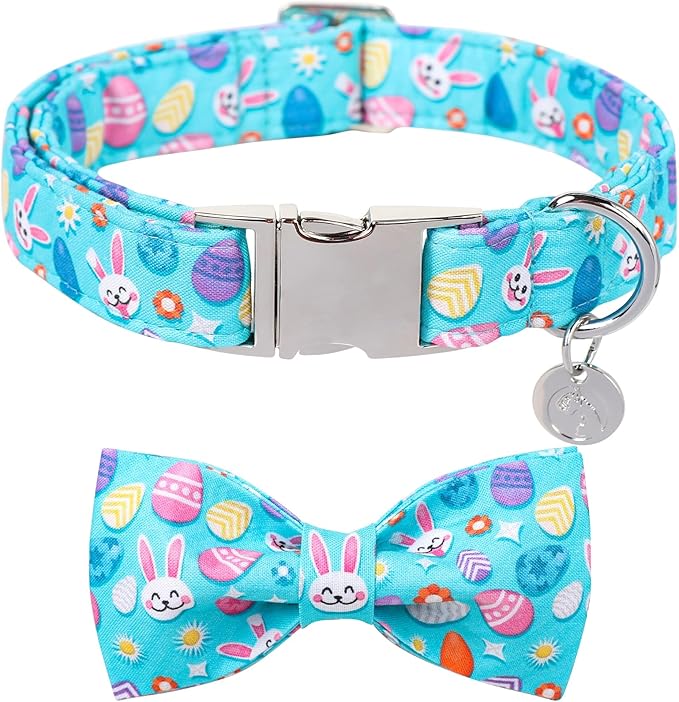 DOGWONG Cotton Easter Dog Collar with Bowtie, Soft Adjustable Blue Rabbit Easter Day Collar for Small, Medium, Large Dogs