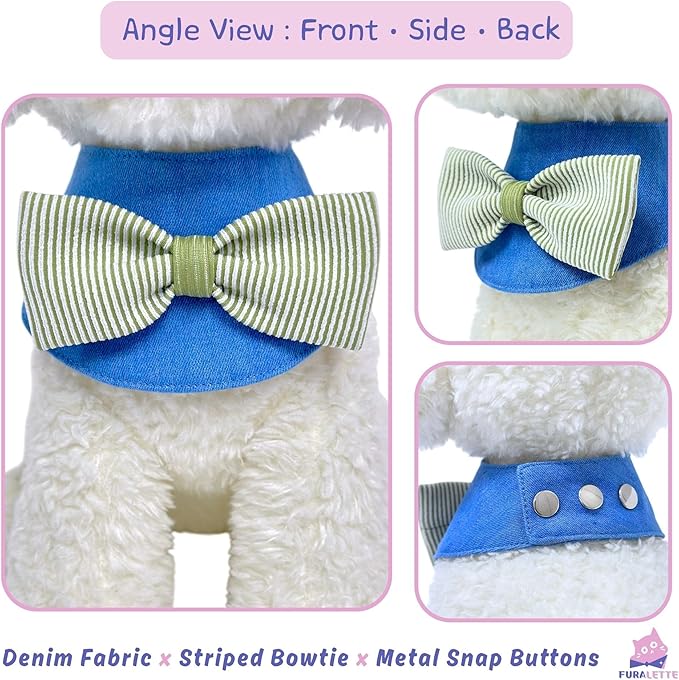 Denim Dog Bandana – Striped Bowtie, Soft & Durable Pet Scarf with Adjustable Metal Snap Buttons for Dogs & Cats (Green, Small)
