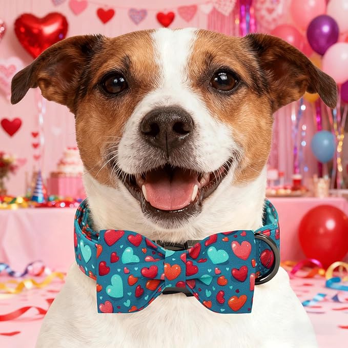 Lionheart glory Dog Bow Collar - Valentine's Day Dog Collar with Bowtie Soft Adjustable Blue Hearts Collars for Large Dogs Spring Holiday Cute Collars
