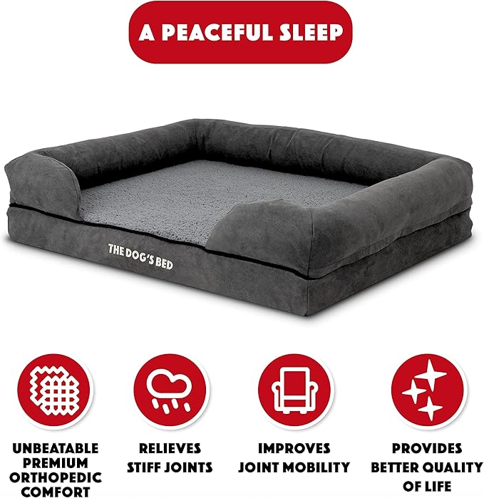 The Dog’s Bed Orthopedic Memory Foam Dog Bed with Bolsters, Plush Fabric, Grey Plush, Medium