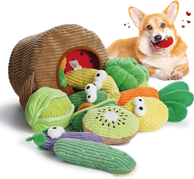 Nocciola Squeaky Fruits Veggies Stuffed Dog Toys Pack- Hide Seek Grocery Basket Crinkle Plush Puppy Toys to Keep Busy, Birthday Pet Supplies Gifts for Small Medium Breeds