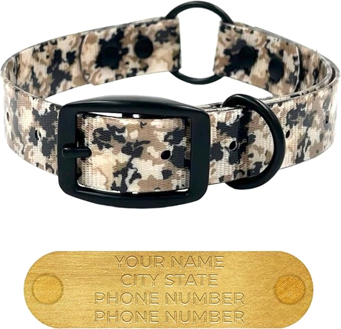 Regal Dog Products Medium Camo Hunting Dog Collar with Custom Engraved Name Plate and Heavy Duty Black Hardware Center Ring | Waterproof Personalized Dog Collars | Other Sizes for Small & Large & Dogs