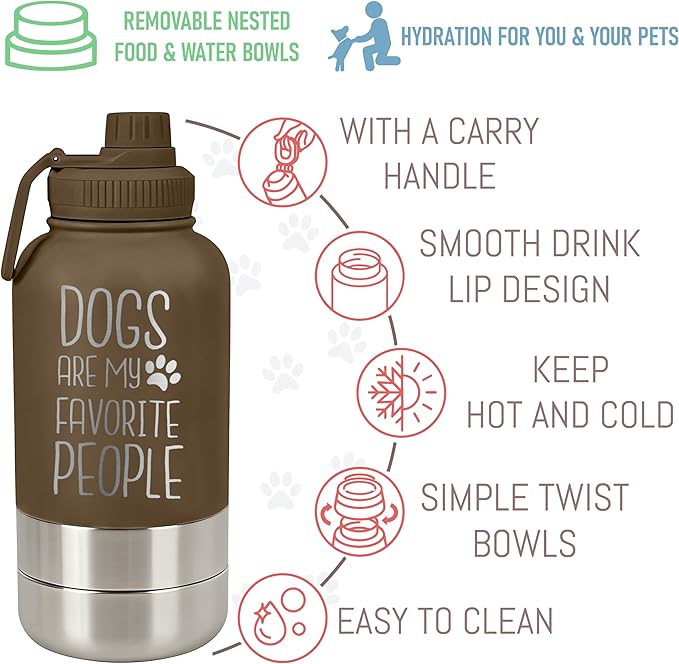 TEEAMORE Dogs Are My Favorite People Water Tumbler with Bowls Personalized Stainless Steel Travel Bottle Brown