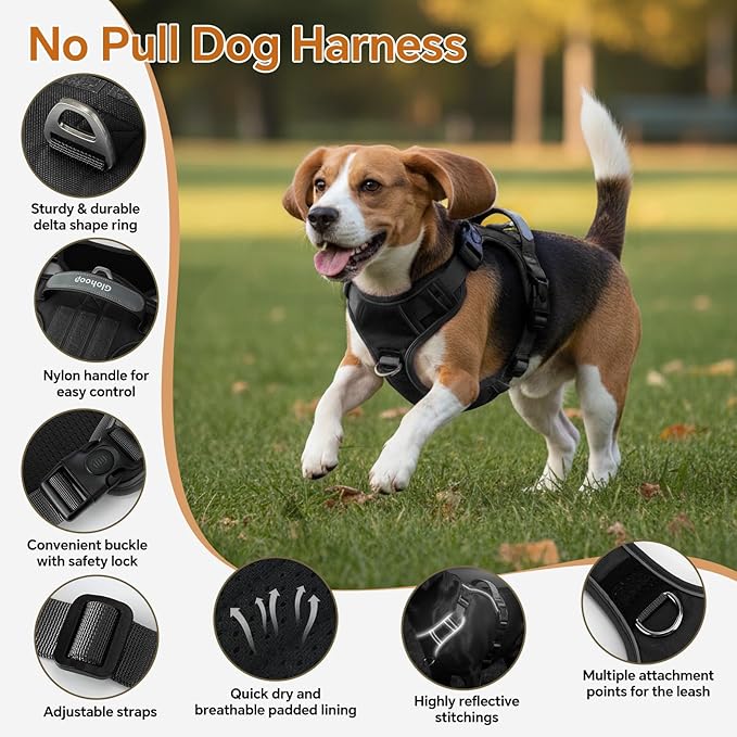 Heavy Duty Tactical Dog Harness for Medium Dogs, No Pull Dog Harness with Handle & Front Clip, Reflective Soft Padded, Hook and Loop Panel, Dog Vest for Walking, Service Training, Black
