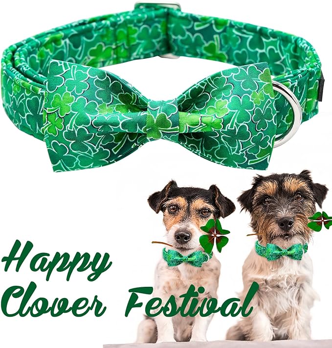 Unique style paws St. Patrick's Day Dog Collar with Bow Green Clover Puppy Collar for Small Medium Large Boys Girls Dogs-S