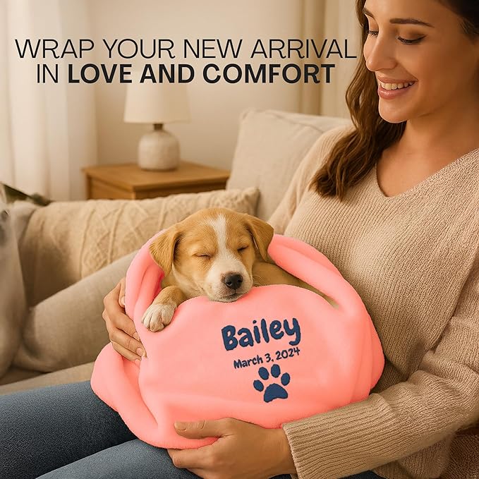 Personalized Puppy Blanket – Custom Embroidered Dog Blanket with Name & Birth Date – Soft New Puppy Gift – Keepsake for Dog Lovers, Pup Moms & New Pet Owners - Pink