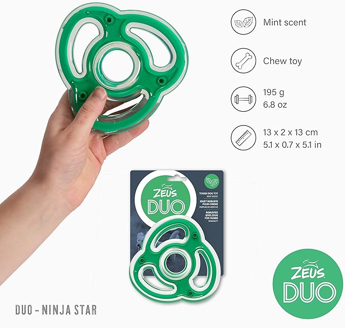 ZEUS Duo Ninja Star Strong Dog Chew Toy for Active Chewers, Long Lasting Mint Scent