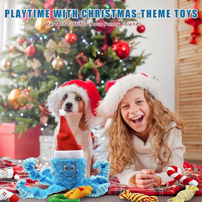 Christmas Dog Toys, Octopus Dog Toy with 10 Pcs Small Dog Toy, Crinkle Plush Dog Toy for Puppies, Interactive Holiday Pet Toys Sets (Blue)