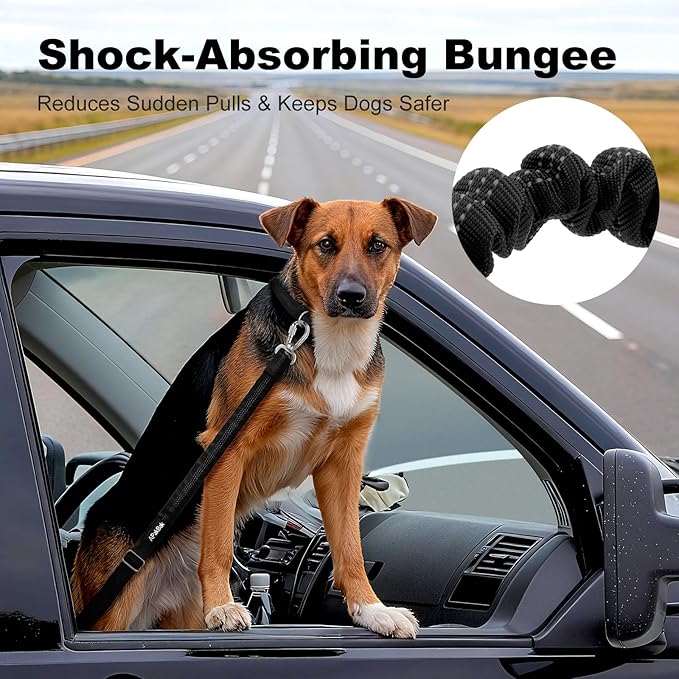 Dog Seat Belt for Car, Adjustable Dog Car Harness Seatbelt for Small Medium Large Dogs, Heavy Duty Travel Safety Restraint with Locking Aluminum Hook & Reflective Nylon Strap, Black