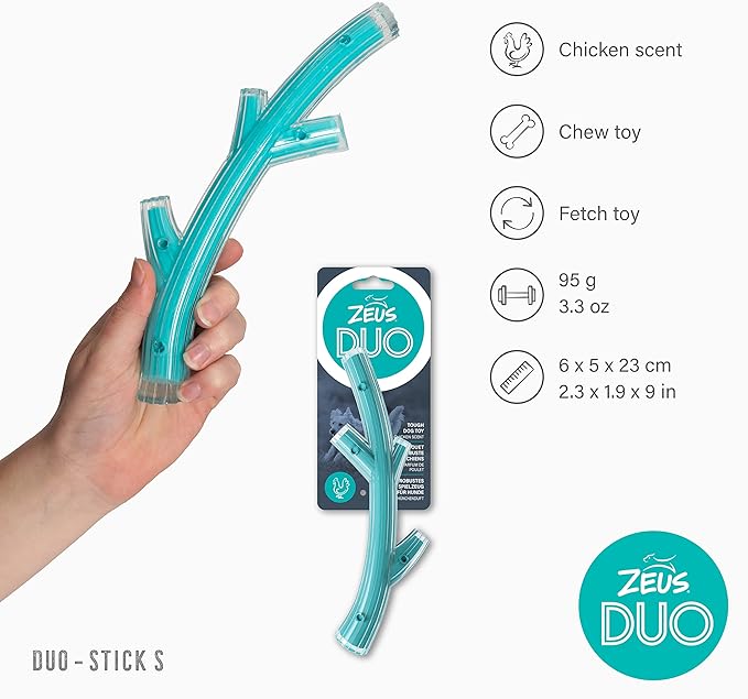 ZEUS Duo Stick Strong Dog Chew Toy for Active Chewers, Long Lasting Chicken Scent, Turquoise (96271)