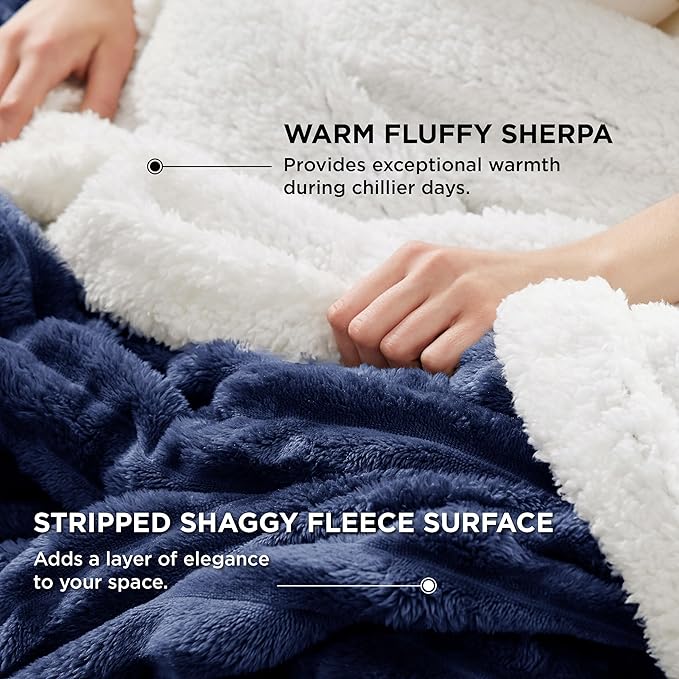 Bedsure Sherpa Blanket Queen Size for Bed - Super Soft, Cozy Fleece Thick Warm Blanket for Winter, GentleSoft Home Room Decor, Navy Blue, 90x90 Inches