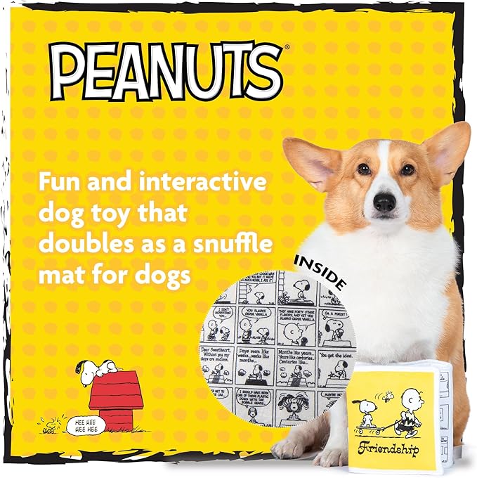 Peanuts for Pets Interactive Crinkle Friendship Comic Book Toy with Squeakers and Treat Pockets for Mental Stimulation, Snuffle Mat Dog Toy, 6x6” to 18”