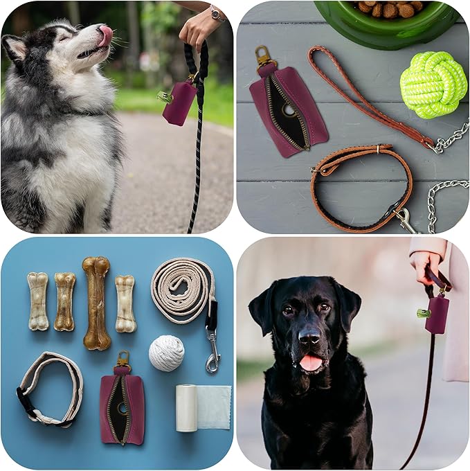 HIFA Genuine Leather Dog Waste Holder, Leash Attachable - Soft Touch Rustic Leather, Metal Clips and Easy Access to Pet Waste Bags - Dog Poop Dispenser for Outdoor Walking