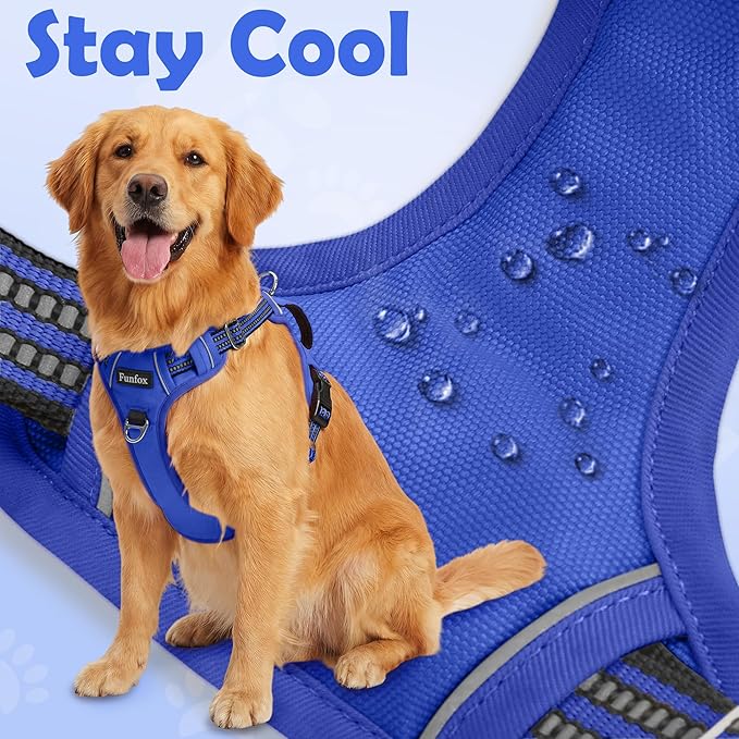 Funfox Dog Harness No Pull, Adjustable Pet Vest Harness, Super Soft Material with Vertical Handle Easy Control, Reflective Night Walking, 2 Leash Clips for XLarge Dogs, Blue, XL